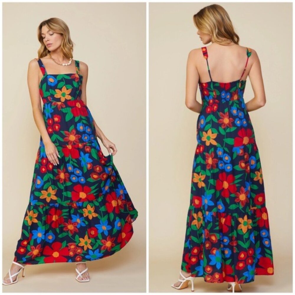 Skies Are Blue Floral Maxi Dress - Red, Blue, Green